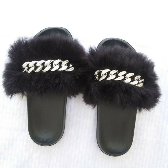 Black Faux Fur Slides/Slippers/With Chain - Picture 6 of 7